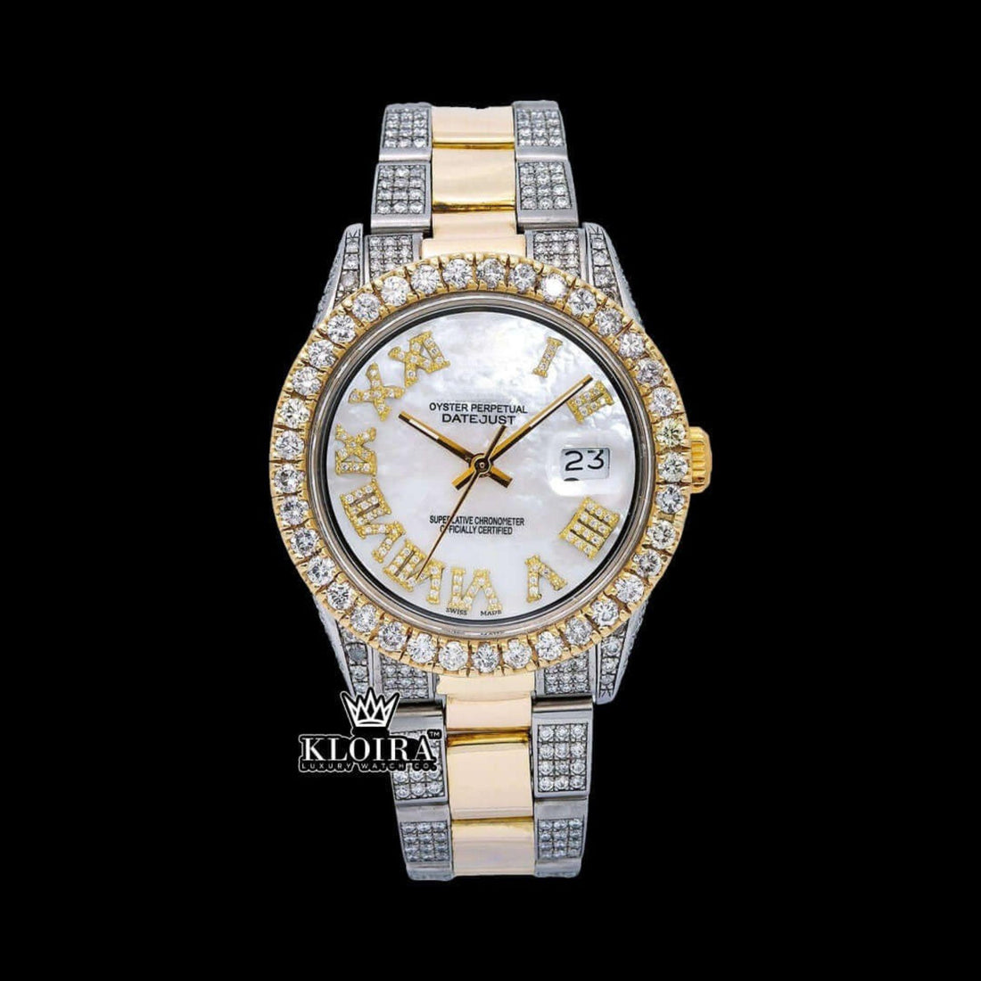 Yellow Bezel Roman Numerals White Dial Iced Out Moissanite Diamond Watch Front View