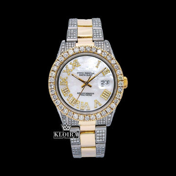Yellow Bezel Roman Numerals White Dial Iced Out Moissanite Diamond Watch Front View