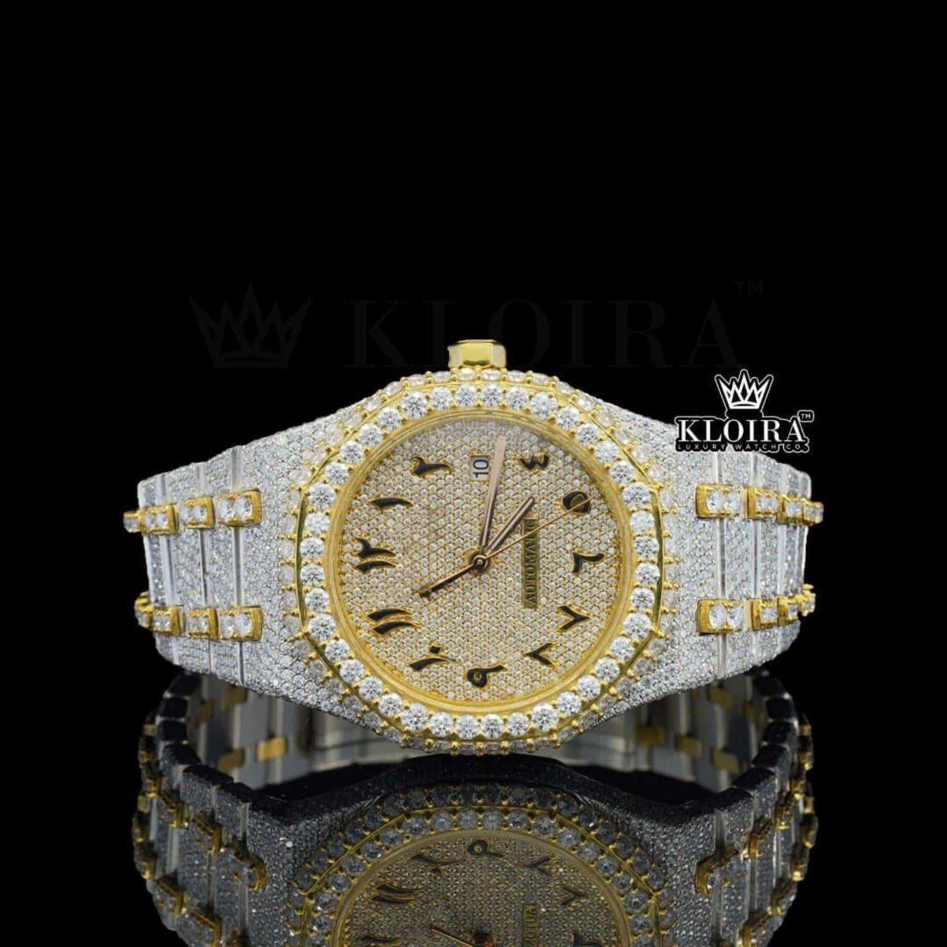 Yellow Dial AP Arabic Numerals Two Tone Iced Out Moissanite Diamond Watch Front View