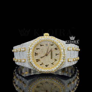 Yellow Dial AP Arabic Numerals Two Tone Iced Out Moissanite Diamond Watch Front View