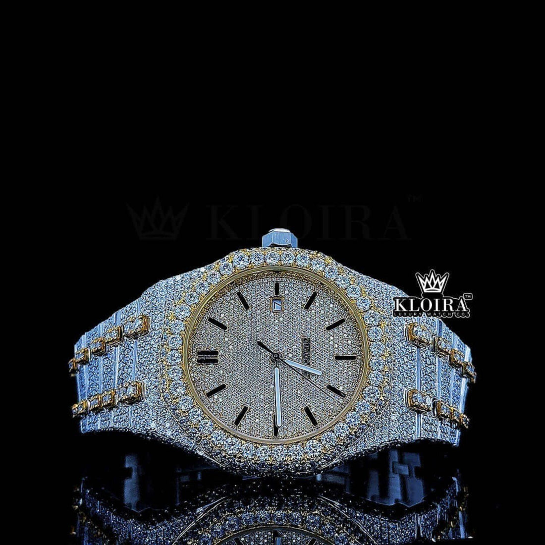 Yellow Dial Black Stick Markers Two Tone Iced Out Moissanite Diamond Watch Front View