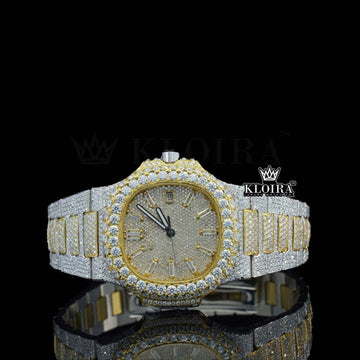 Yellow Dial Diamond Markers Two Tone Iced Out Moissanite Watch Front View
