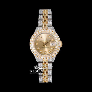Yellow Dial Diamond Markers Two Tone Ladies Moissanite Watch Front View