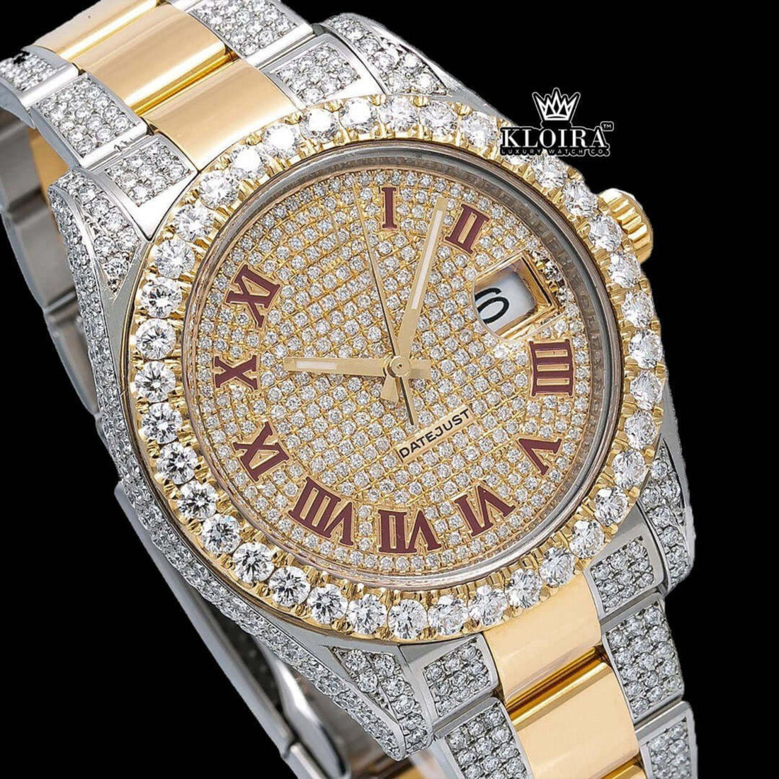Yellow Dial Red Roman Numeral Moissanite Diamond Watch Front View