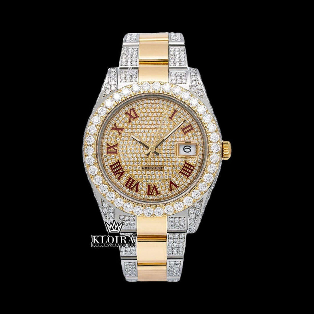 Yellow Dial Red Roman Numeral Moissanite Diamond Watch Front View