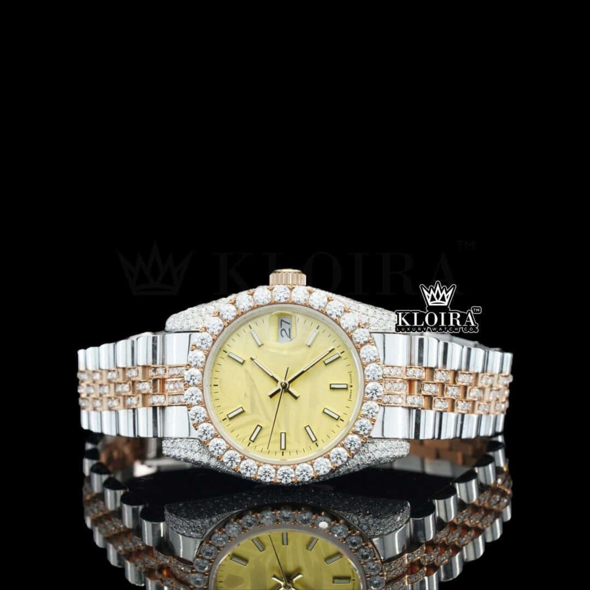 Yellow Dial Stick Markers Two Tone Rose Gold Moissanite Diamond Watch Front View
