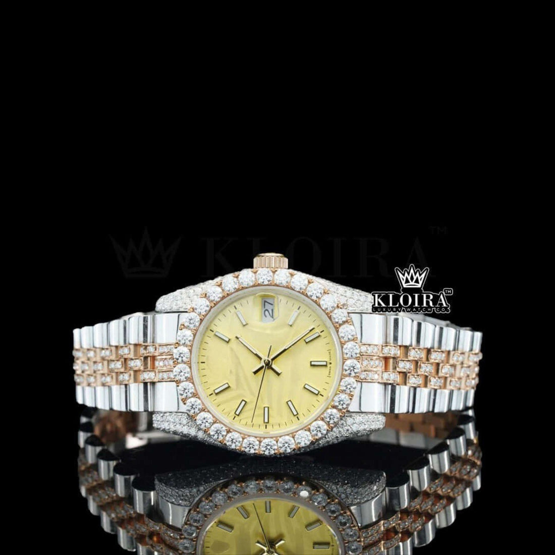 Yellow Dial Stick Markers Two Tone Rose Gold Moissanite Diamond Watch Front View