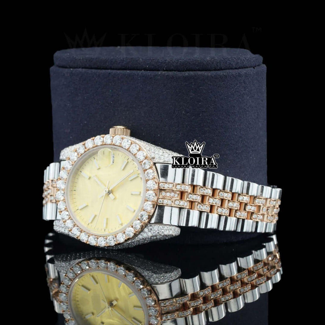 Yellow Dial Stick Markers Two Tone Rose Gold Moissanite Diamond Watch Front View