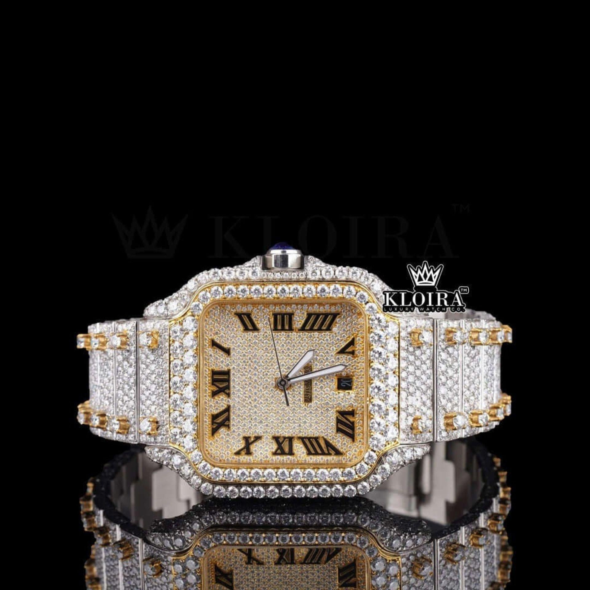 Yellow Dial Two Tone Roman Numeral Moissanite Diamond Watch Front View