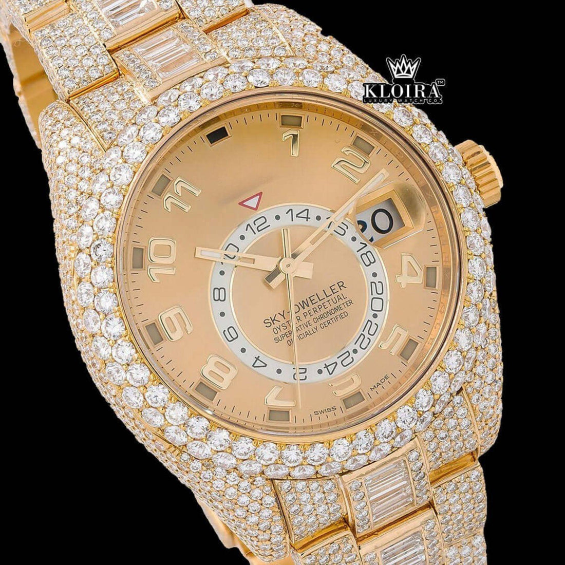 Yellow Dual Time Dial Standard Numerals Yellow Gold Iced Out Moissanite Watch Front View