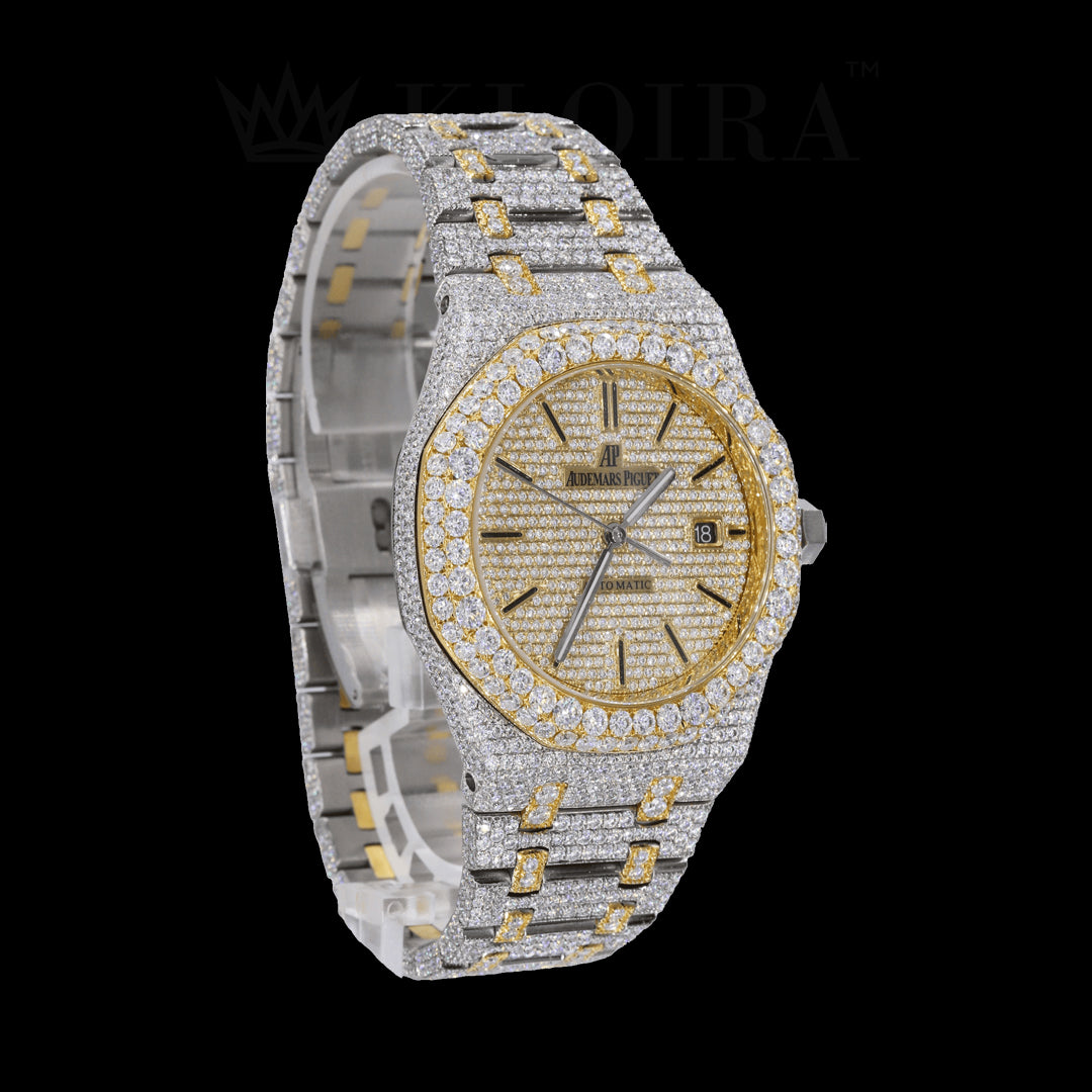 Yellow Elegance Royal Oak Moissanite Diamond Watch 14K Gold VVS 30 Carat 41mm Front