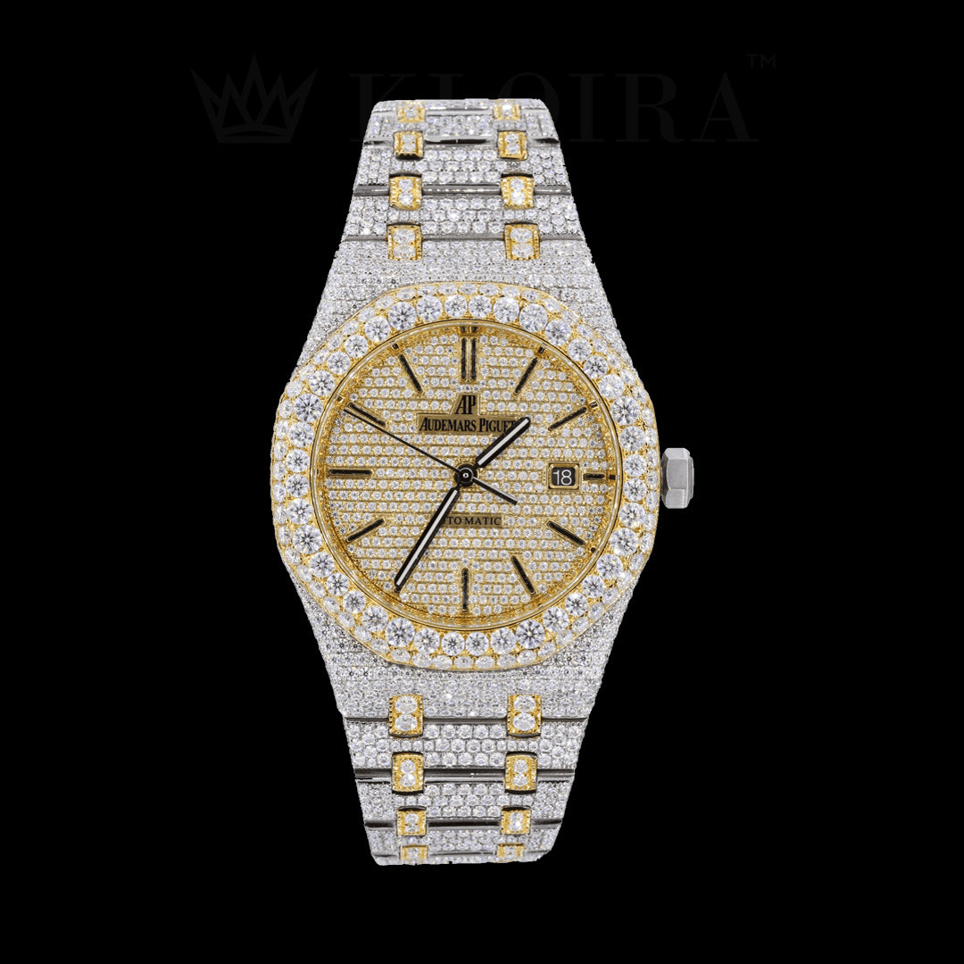 Yellow Elegance Royal Oak Moissanite Diamond Watch 14K Gold VVS 30 Carat 41mm Front
