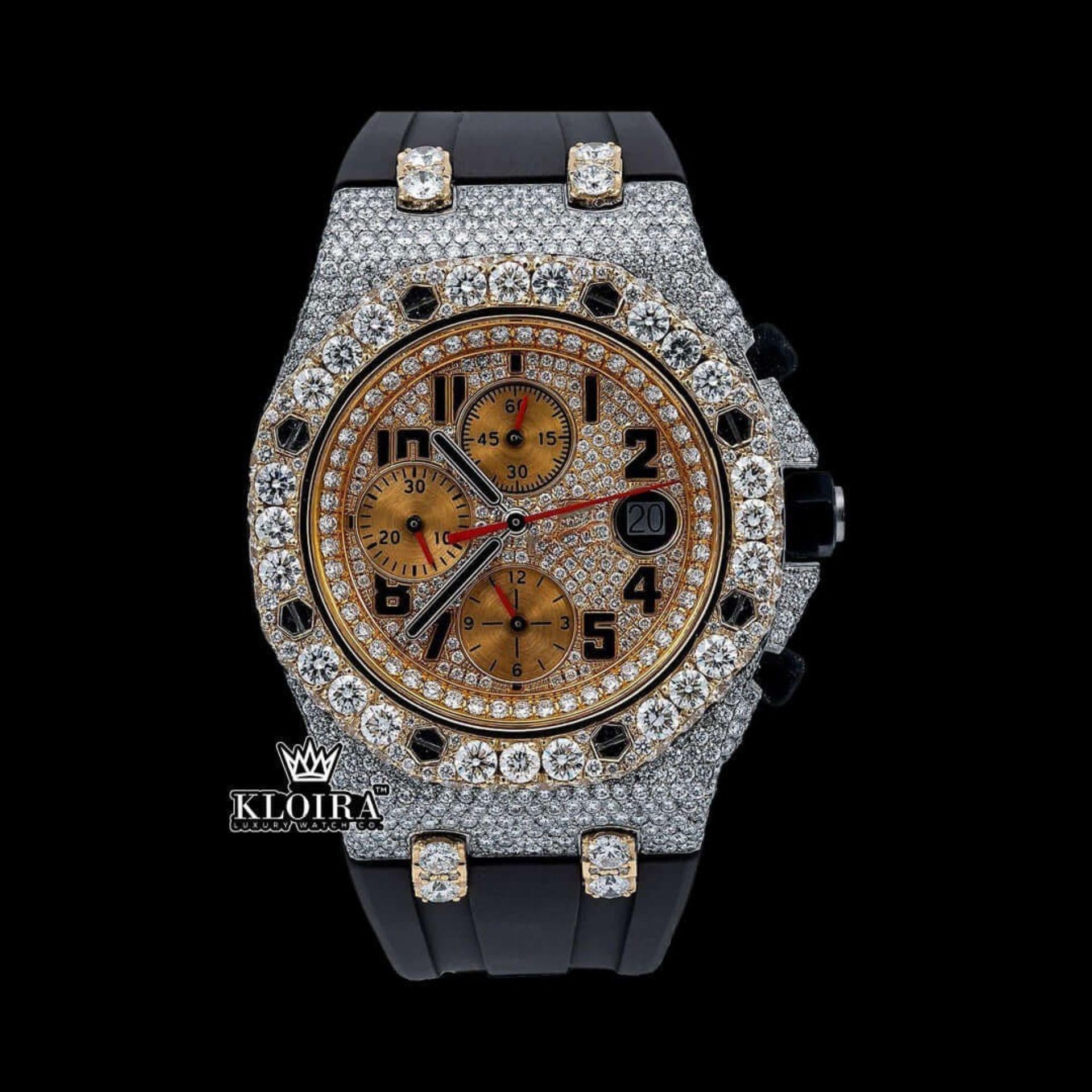 Yellow Gold AP Iced Out Moissanite Diamond Watch Black Rubber Strap Front View