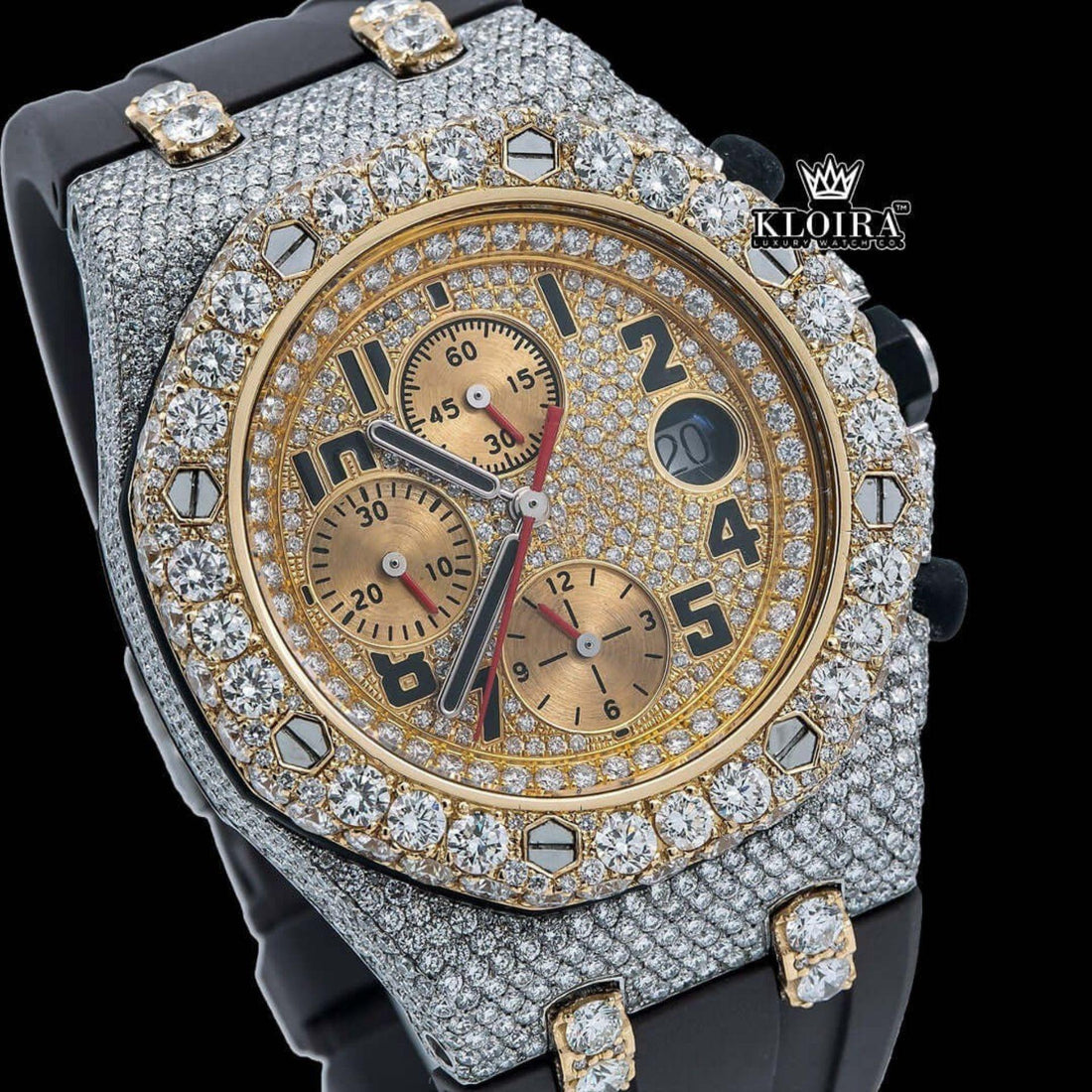 Yellow Gold AP Inspired Iced Out Moissanite Diamond Watch Black Rubber Strap Front View
