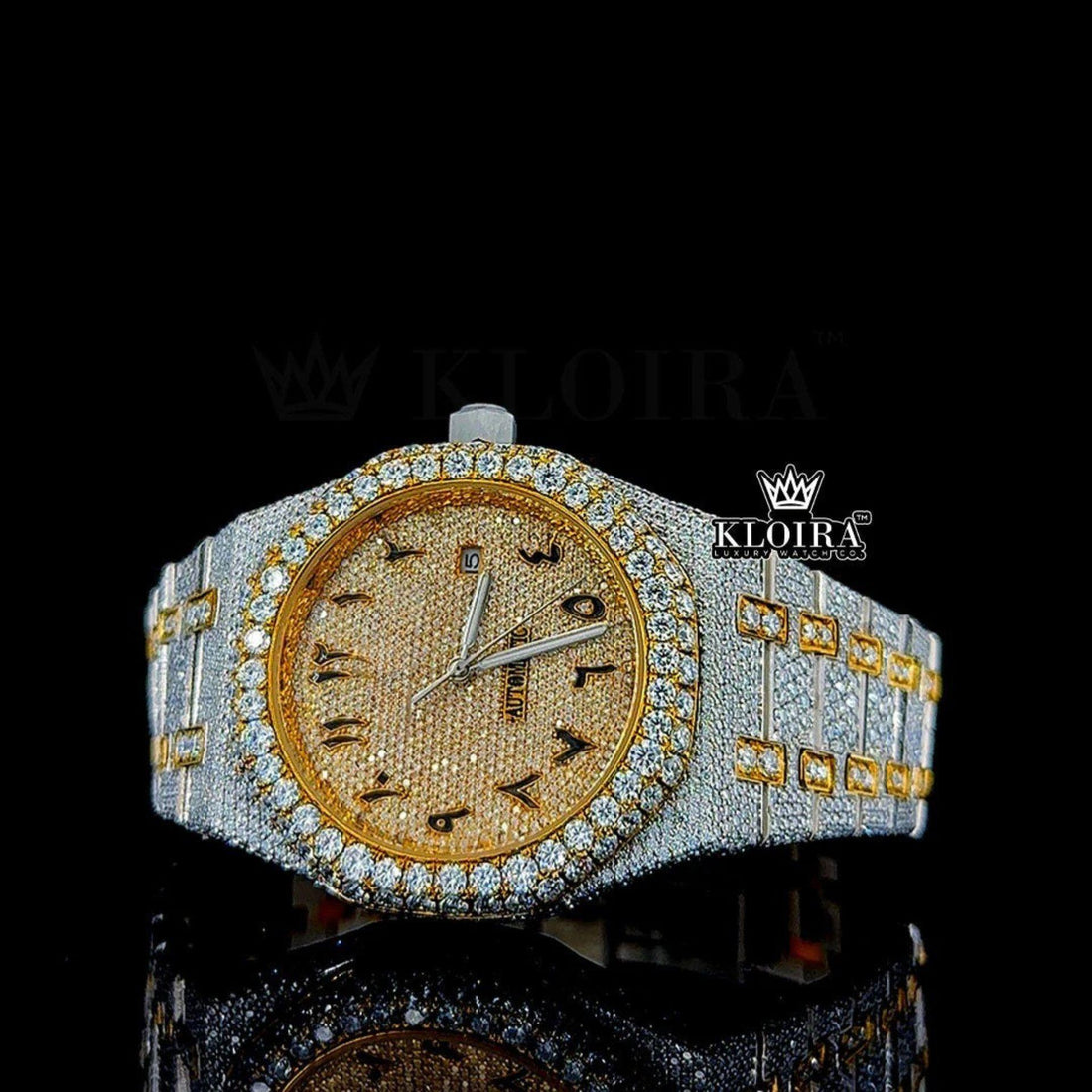 Yellow Gold AP Watch Inspired Arabic Numerals Moissanite Diamonds 14K Gold 41mm Front View