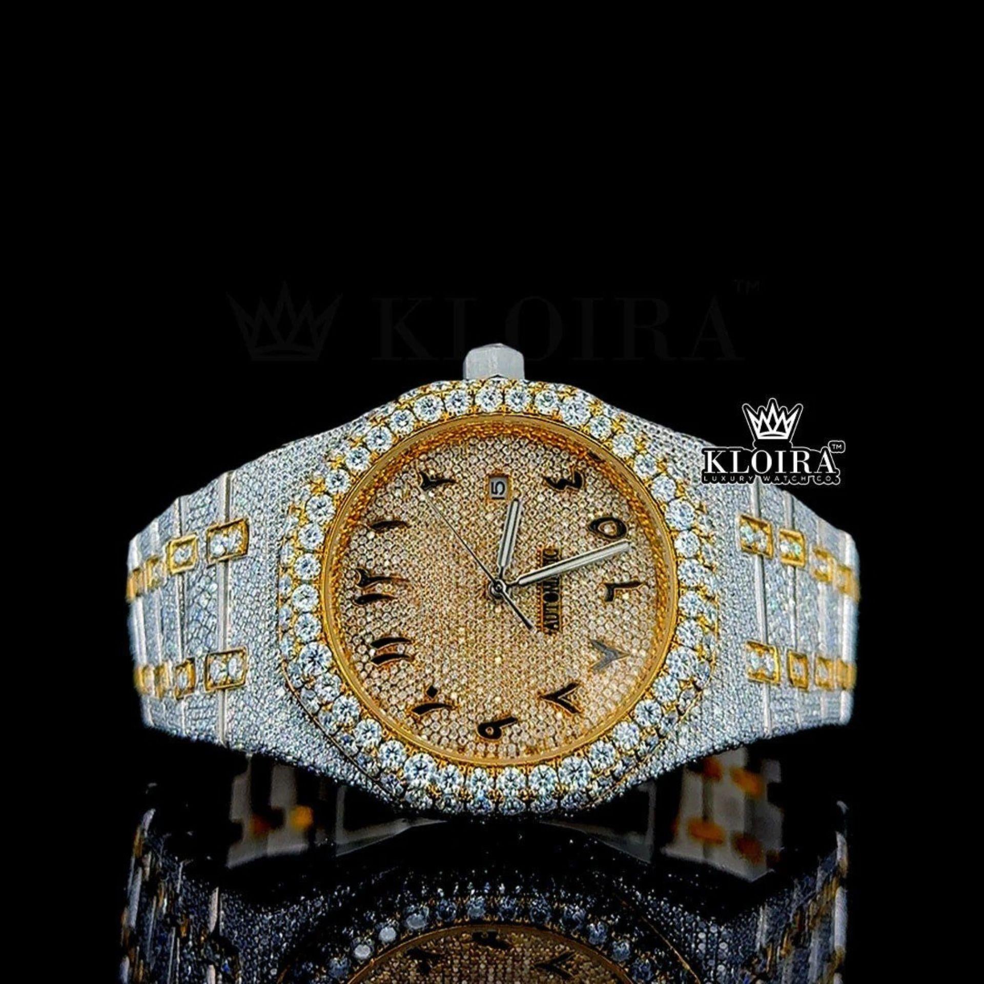 Yellow Gold AP Watch Inspired Arabic Numerals Moissanite Diamonds 14K Gold 41mm Front View