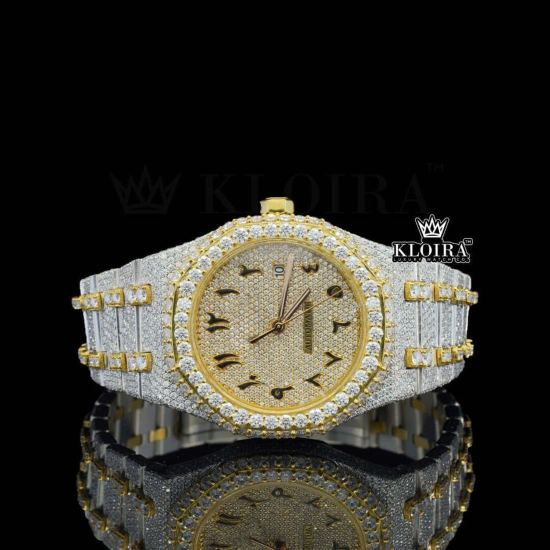Yellow Gold Arabic Dial Lab Grown Diamond Watch 14K Gold VVS 42mm Front View