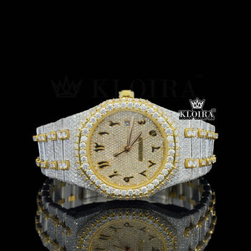 Yellow Gold Arabic Dial Lab Grown Diamond Watch 14K Gold VVS 42mm Front View