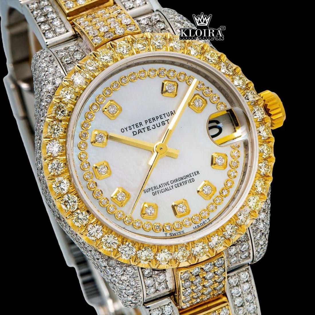 Yellow Gold Bezel Diamond Markers White Dial Two Tone Moissanite Watch Front View