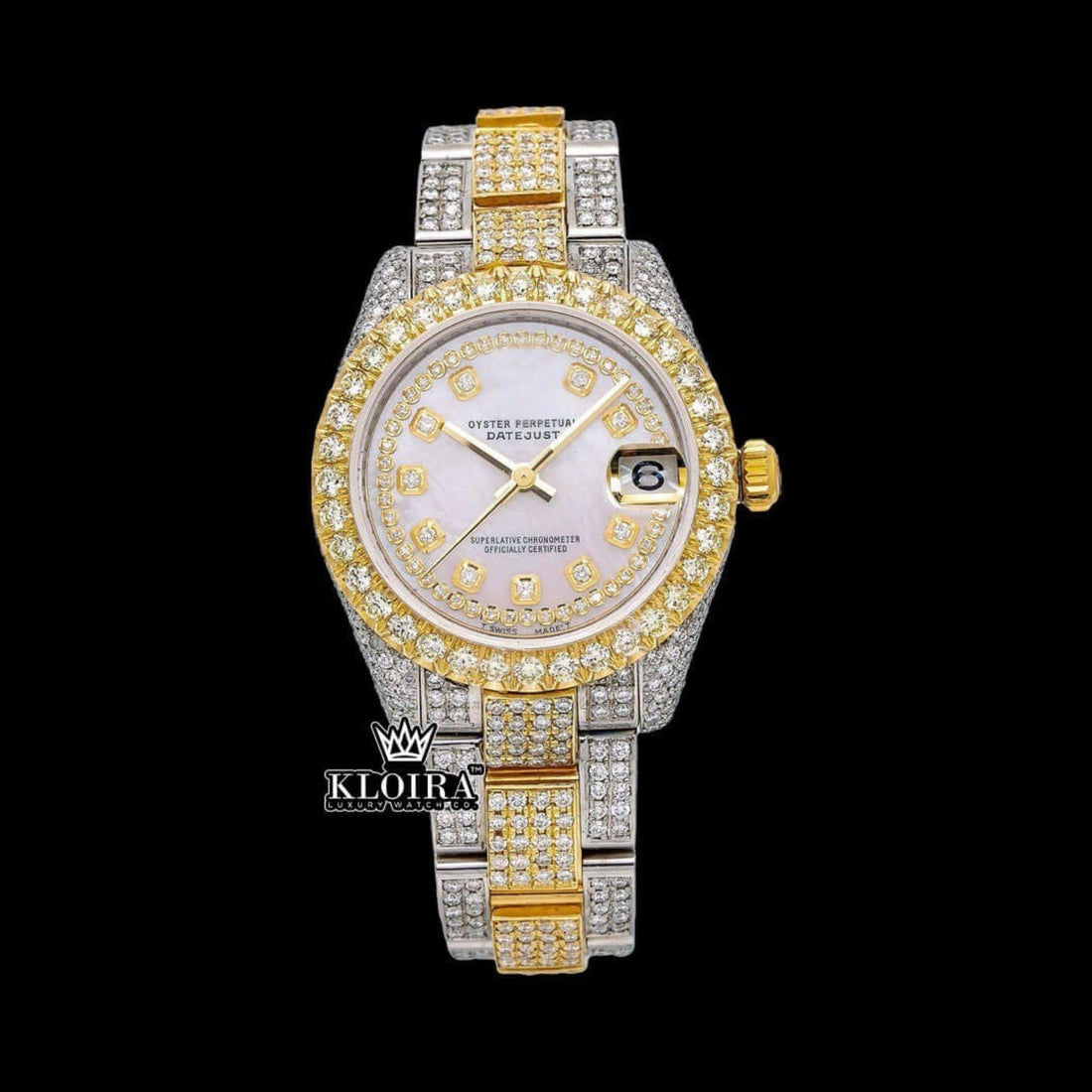 Yellow Gold Bezel Diamond Markers White Dial Two Tone Moissanite Watch Front View