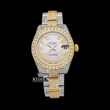Yellow Gold Bezel Diamond Markers White Dial Two Tone Moissanite Watch Front View