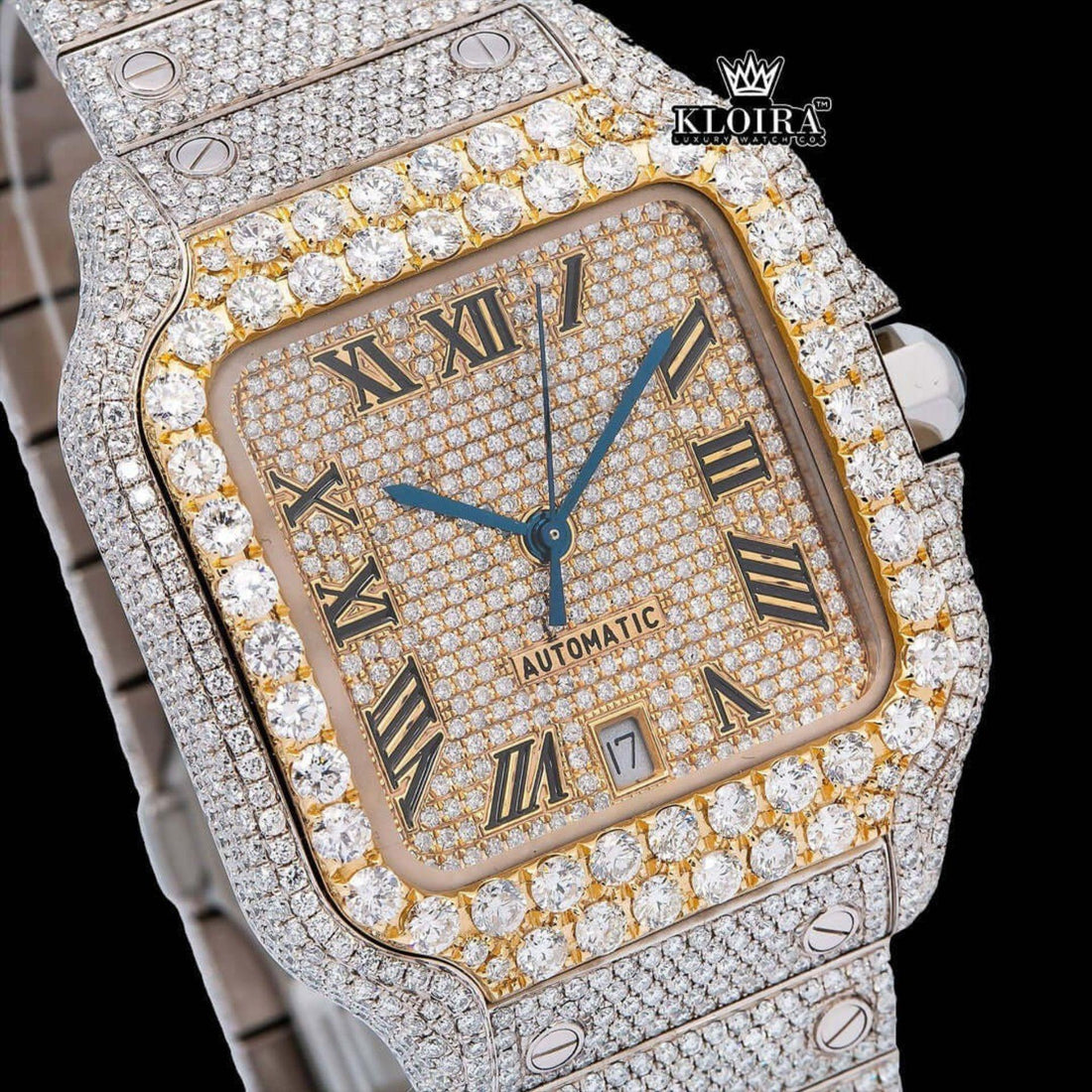 Yellow Gold Cartier Inspired Moissanite Watch Roman Dial Front View
