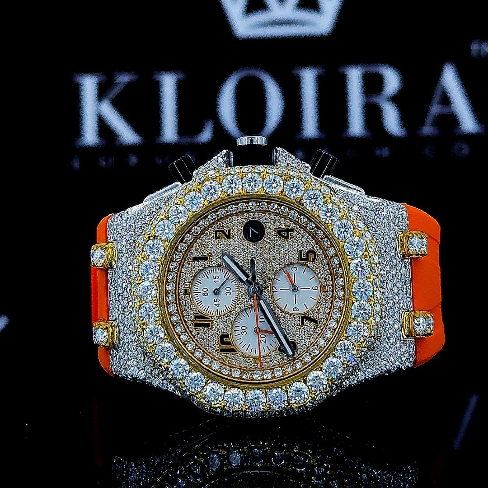 Yellow Gold Chronograph Dial Orange Rubber Strap Moissanite Watch Front View
