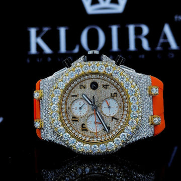 Yellow Gold Chronograph Dial Orange Rubber Strap Moissanite Watch Front View