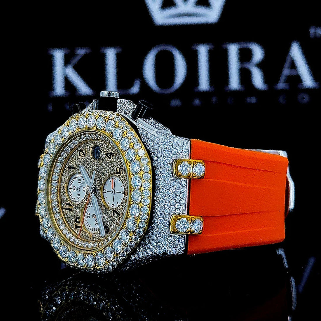 Yellow Gold Chronograph Dial Orange Rubber Strap Moissanite Watch Front View