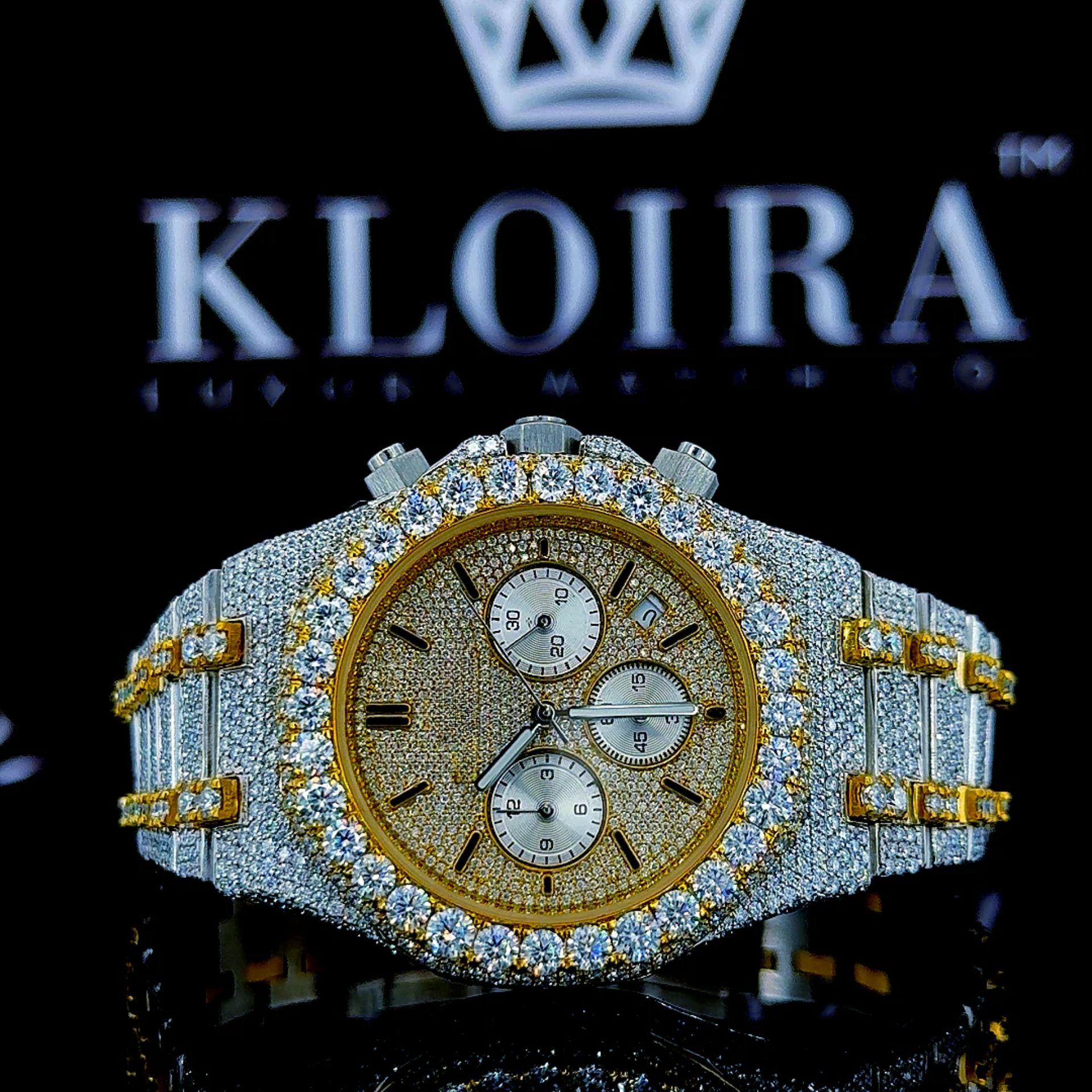 Yellow Gold Chronograph Dial Stick Markers Two Tone Moissanite Watch Front View