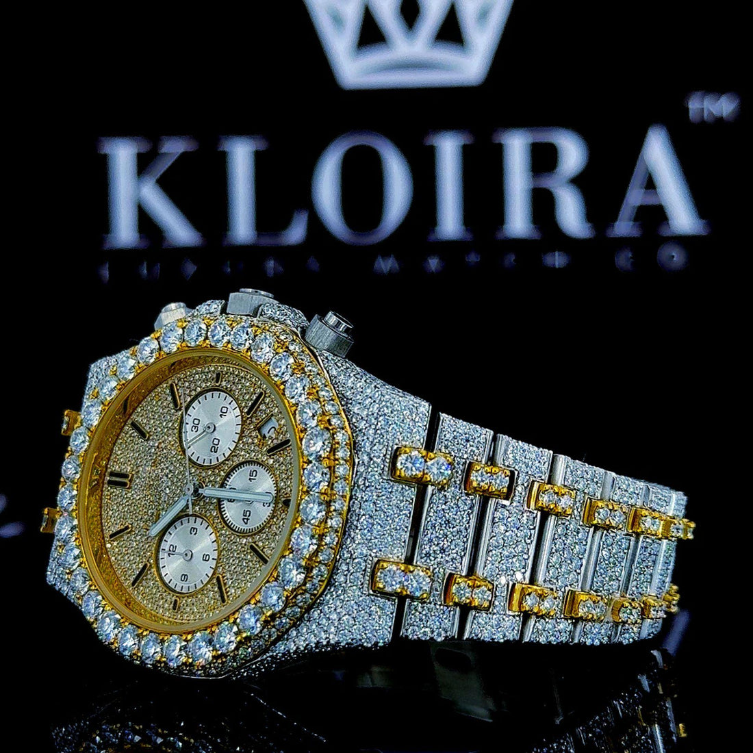 Yellow Gold Chronograph Dial Stick Markers Two Tone Moissanite Watch Front View