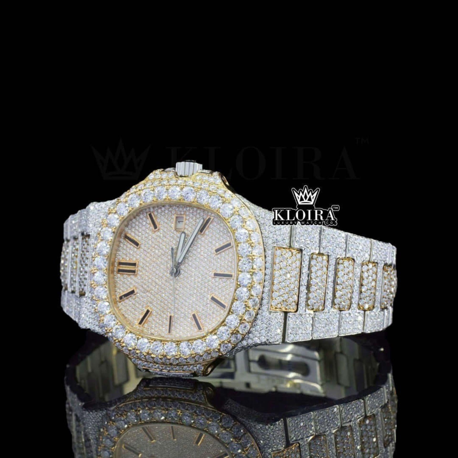 Yellow Gold Dial Black Stick Markers Two Tone Iced Out Watch