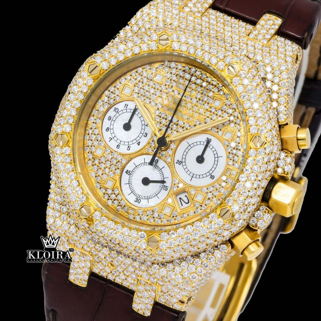 Yellow Gold Dial Brown Leather Strap Watch Moissanite Diamond Front View