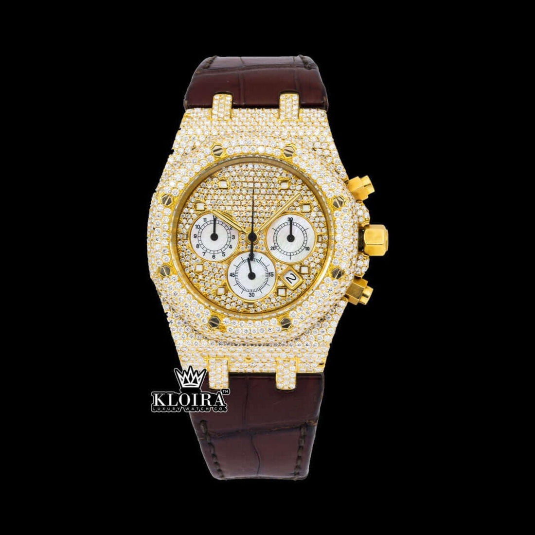 Yellow Gold Dial Brown Leather Strap Watch Moissanite Diamond Front View