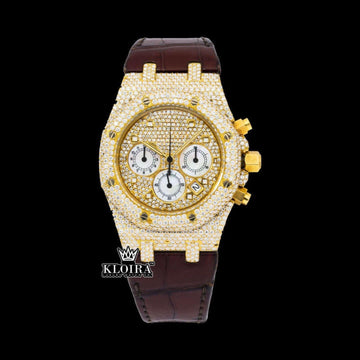 Yellow Gold Dial Brown Leather Strap Watch Moissanite Diamond Front View