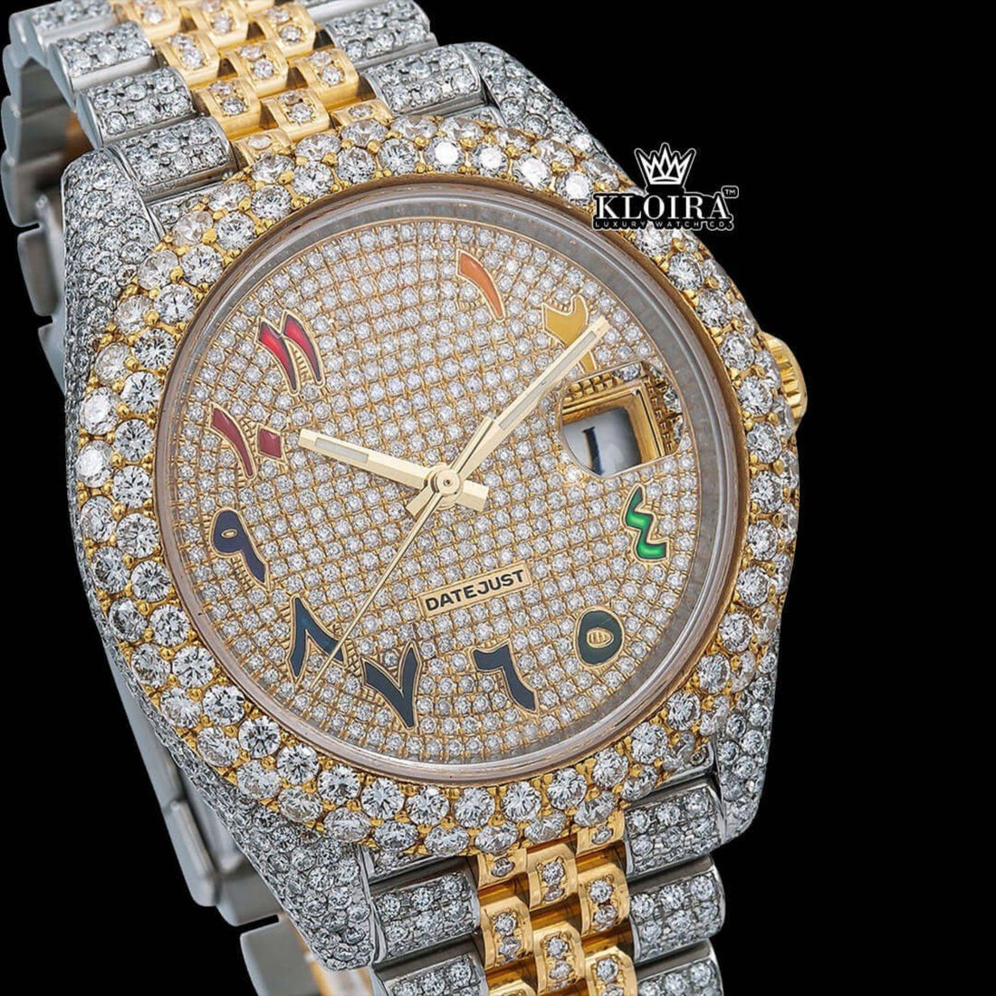 Yellow Gold Dial Rainbow Arabic Numerals Moissanite Diamond Watch Front View