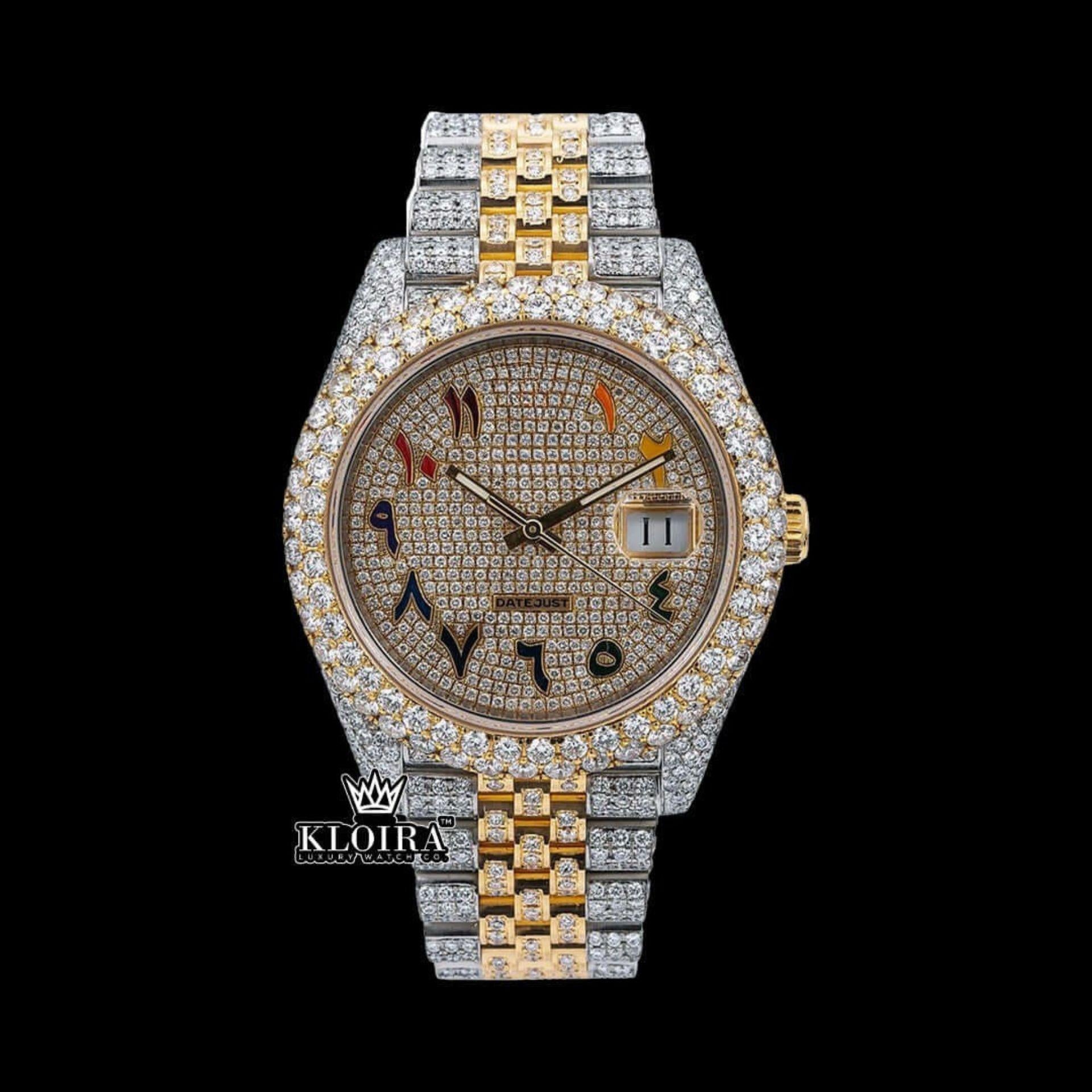 Yellow Gold Dial Rainbow Arabic Numerals Moissanite Diamond Watch Front View