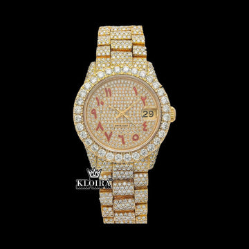 Yellow Gold Dial Red Arabic Numerals Iced Out Moissanite Watch Front View 
