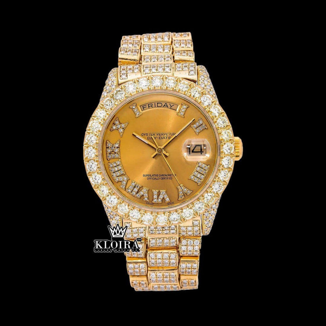 Yellow Gold Dial Roman Numerals Bust Down Moissanite Diamond Watch Front View