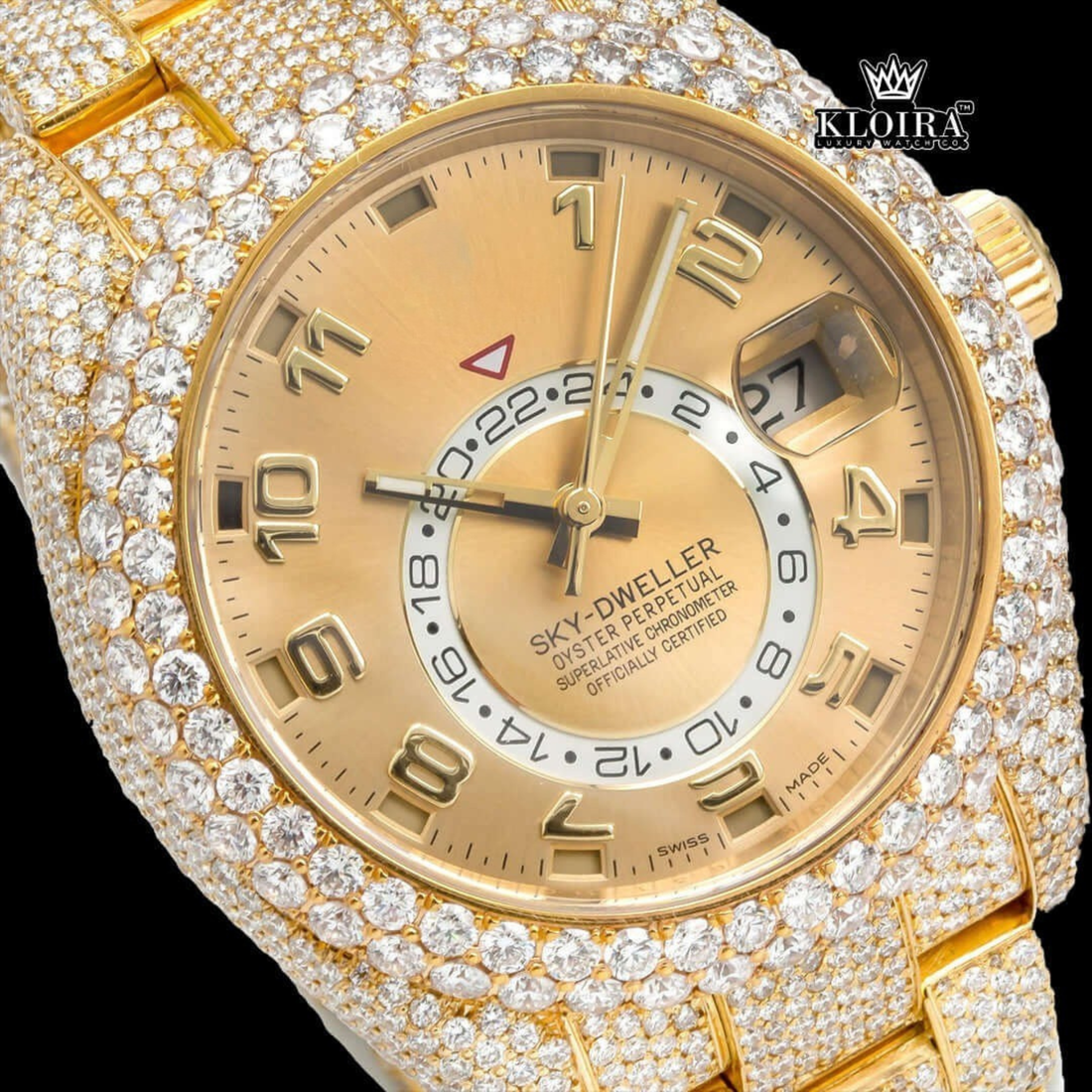 Yellow Gold Dial Standard Numerals Bust Down Moissanite Diamond Watch Front View