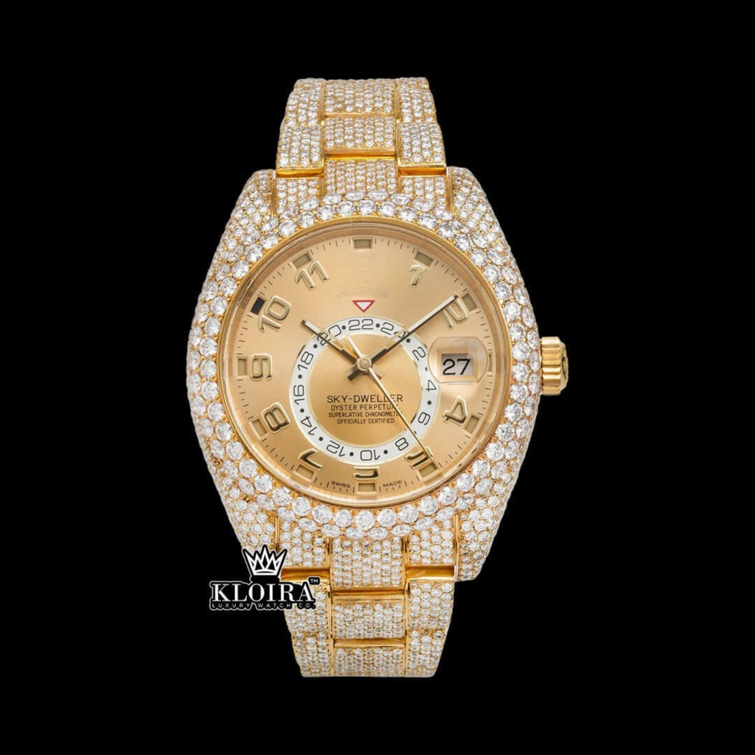 Yellow Gold Dial Standard Numerals Bust Down Moissanite Diamond Watch Front View