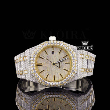 Yellow Gold Dial Two Tone Fully Iced Out Moissanite Watch Front View