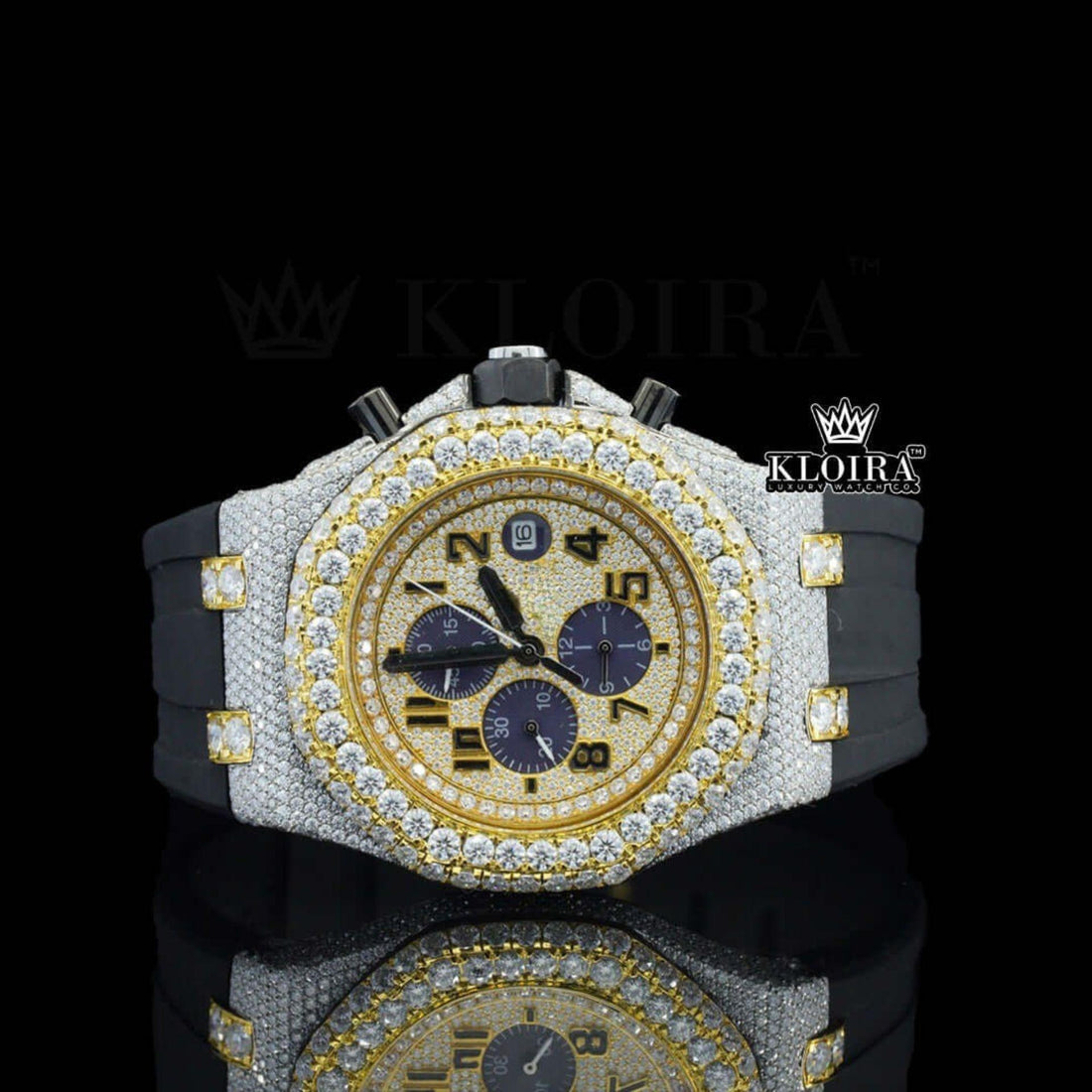 Yellow Gold Iced Out Chronograph Moissanite Diamond Watch Rubber Strap Front View