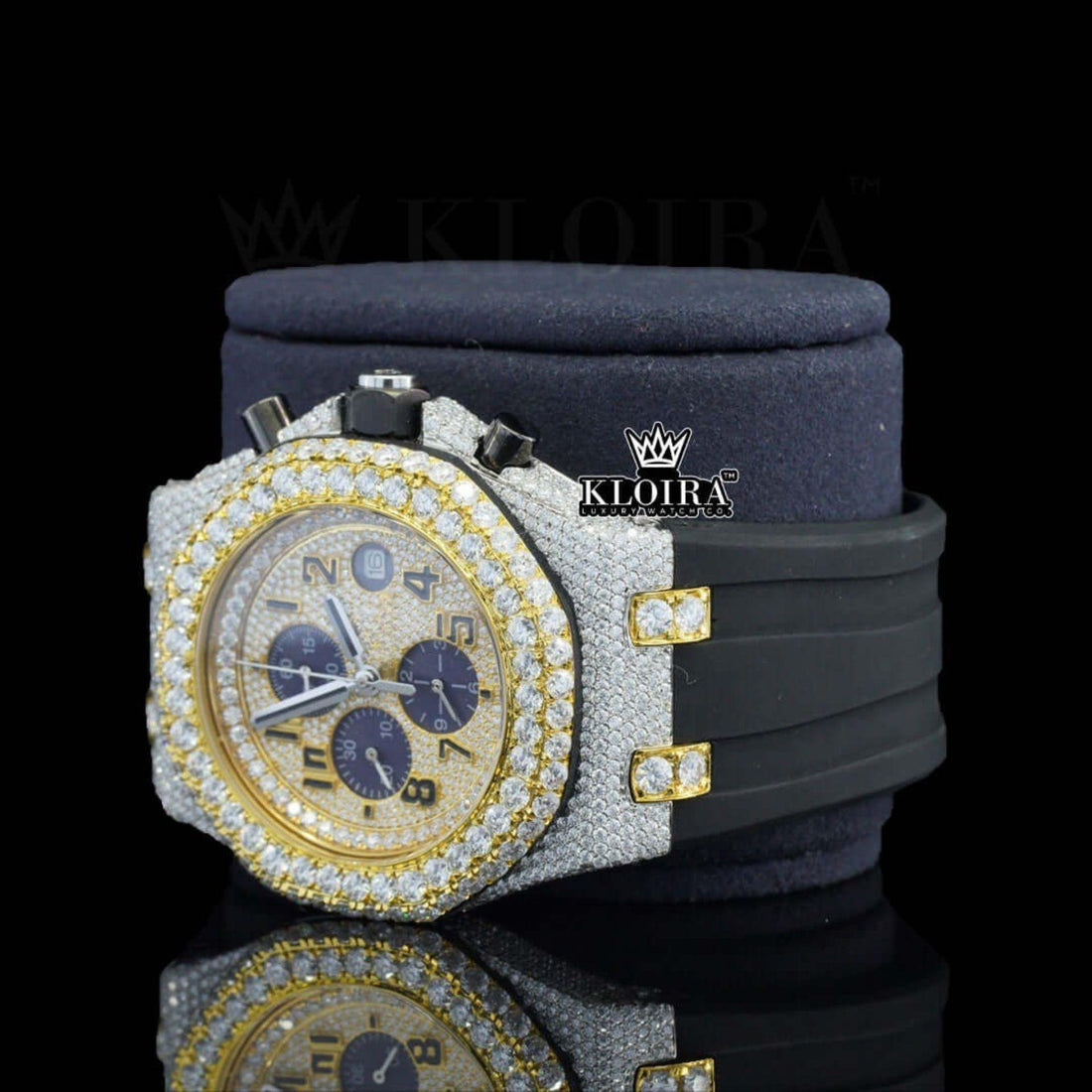 Yellow Gold Iced Out Chronograph Moissanite Diamond Watch Rubber Strap Front View