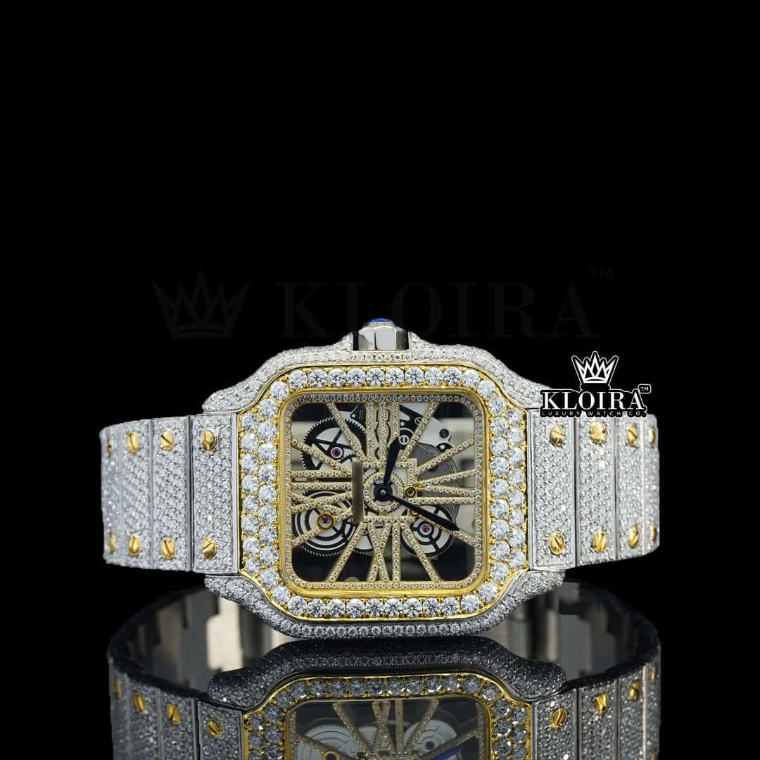 Yellow Gold Skeleton Dial Two Tone Iced Out Lab-Grown Diamond Watch Front View
