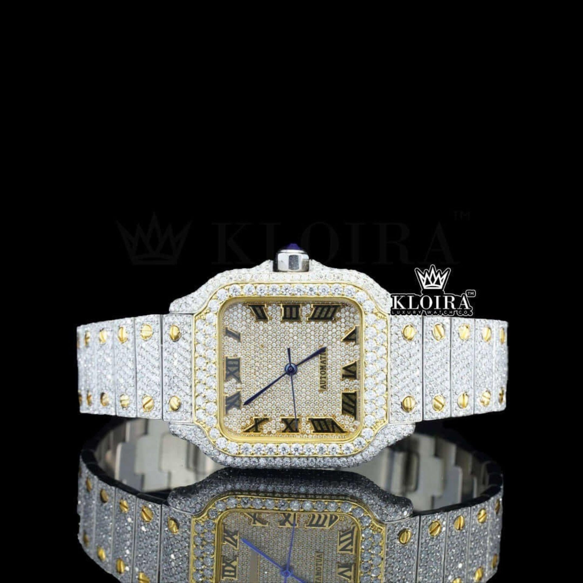 Yellow Gold Square Dial Black Roman Numerals Moissanite Watch Front View