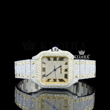 Yellow Gold Square Dial Black Roman Numerals Moissanite Watch Front View