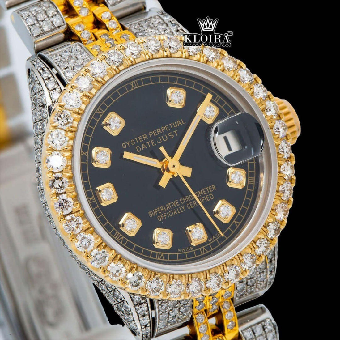  Yellow Gold Two Tone Black Dial Diamond Markers Moissanite Watch Front View