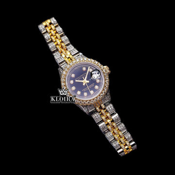  Yellow Gold Two Tone Black Dial Diamond Markers Moissanite Watch Front View