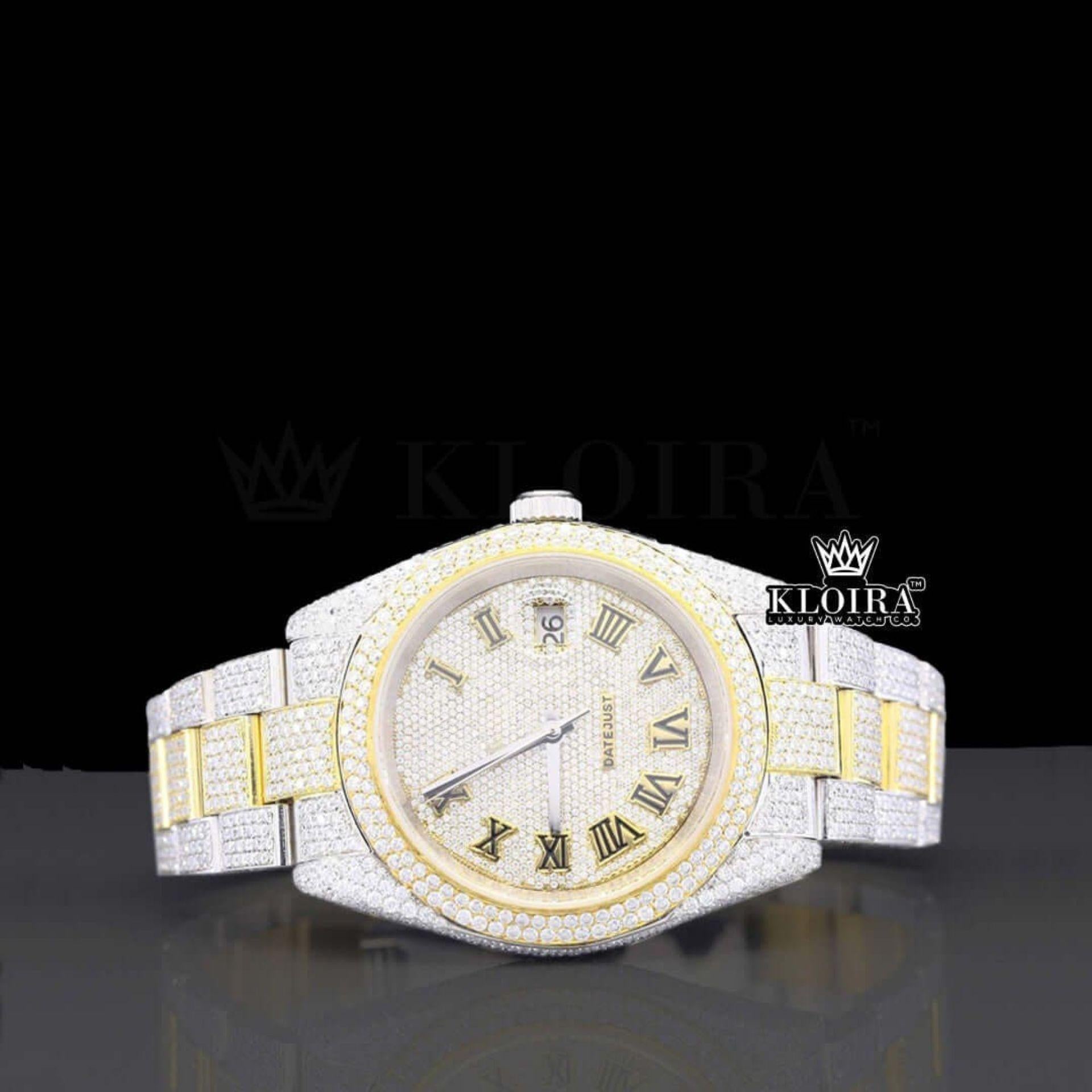 Yellow Roman Dial Two Tone Classic Link Strap Moissanite Watch Front View